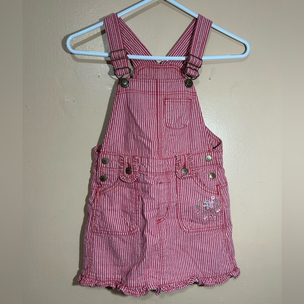 Y2K Faded Glory Red + White Stripe Skirt Overalls Girls Size 7 Flower Embroidery